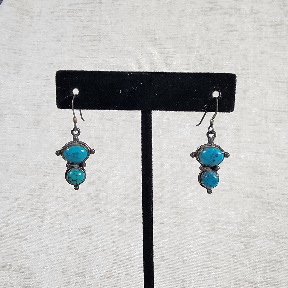 Sterling Silver and Real Turquoise Dangle Earrings Boho Witchy Natural